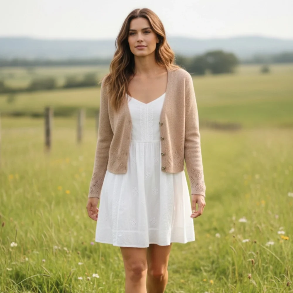 Vintage Cottagecore Bohemian Prairie Rayon Tan Long Sleeve Cardigan Medium - Picture 2 of 8